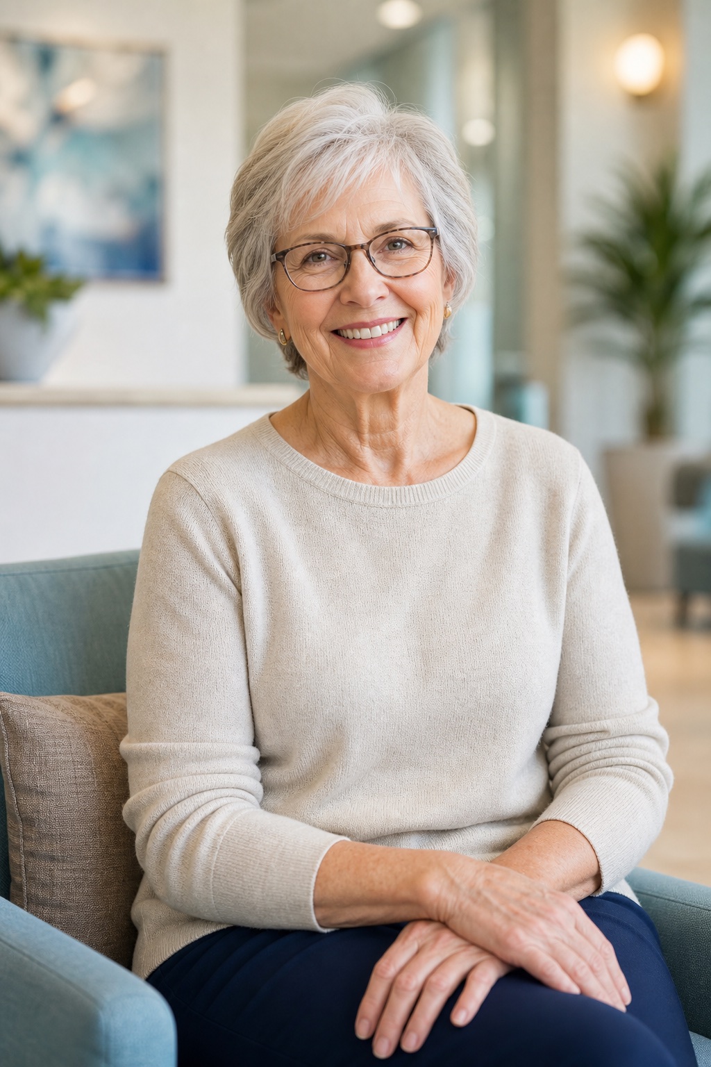 A smiling patient in a calm eye-care setting